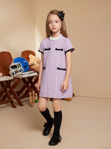 PrepCrw Plaid Short Sleeve School Dress, Purple, For Young Girls In Autumn & Winter