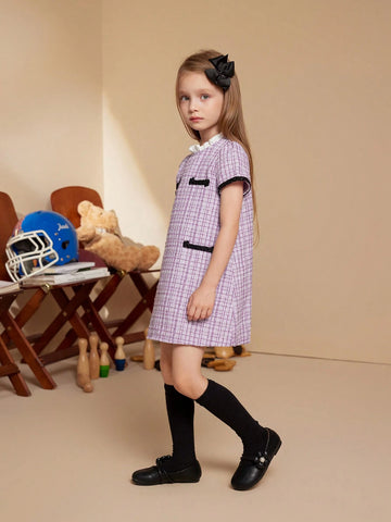 PrepCrw Plaid Short Sleeve School Dress, Purple, For Young Girls In Autumn & Winter