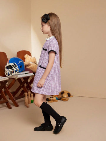 PrepCrw Plaid Short Sleeve School Dress, Purple, For Young Girls In Autumn & Winter