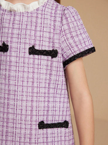 PrepCrw Plaid Short Sleeve School Dress, Purple, For Young Girls In Autumn & Winter