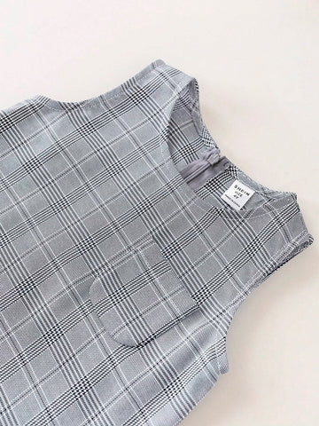 PrepCrw PrepCrw Young Girls Academy Style Black & White Plaid Woven Bodycon Sleeveless Dress, Back To School Season