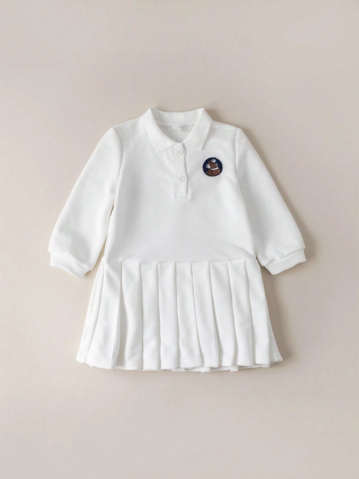 PrepCrw PrepCrw Young Girls' Academy Style White Embroidery Knit Loose Long Sleeve Dress, Back To School Season