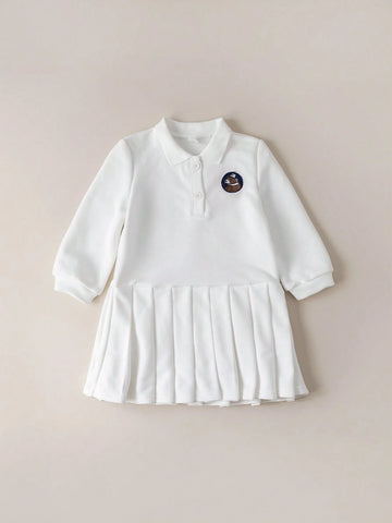 PrepCrw PrepCrw Young Girls' Academy Style White Embroidery Knit Loose Long Sleeve Dress, Back To School Season