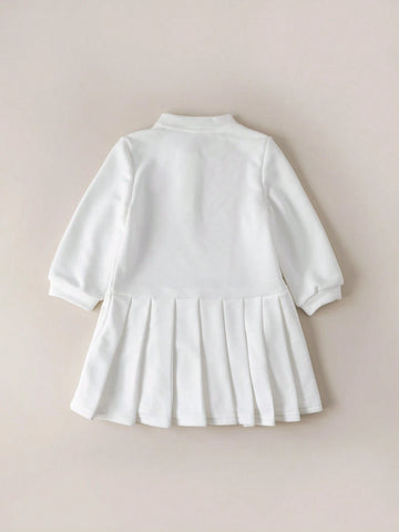 PrepCrw PrepCrw Young Girls' Academy Style White Embroidery Knit Loose Long Sleeve Dress, Back To School Season