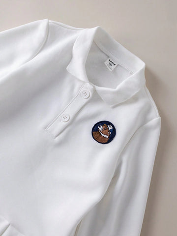 PrepCrw PrepCrw Young Girls' Academy Style White Embroidery Knit Loose Long Sleeve Dress, Back To School Season