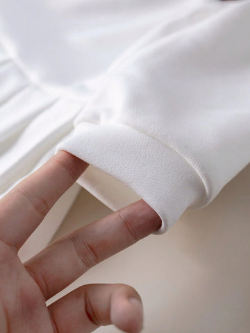 PrepCrw PrepCrw Young Girls' Academy Style White Embroidery Knit Loose Long Sleeve Dress, Back To School Season