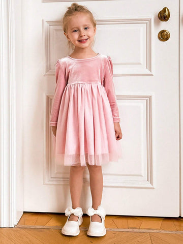 Young Girls Autumn/Winter Academic Style Color Block Loose Long Sleeve Woven Dress Back To School