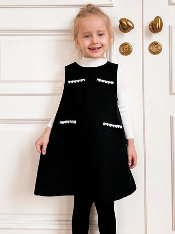 Young Girls Autumn Winter A-Line Black Knit Sleeveless Pullover Dress, Back To School