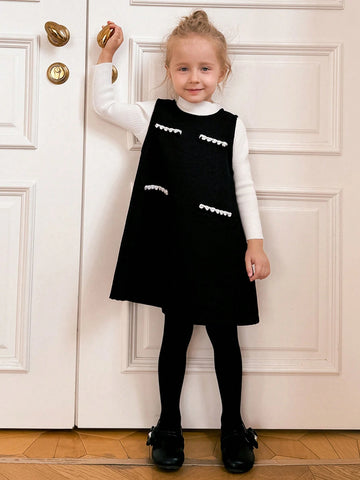 Young Girls Autumn Winter A-Line Black Knit Sleeveless Pullover Dress, Back To School
