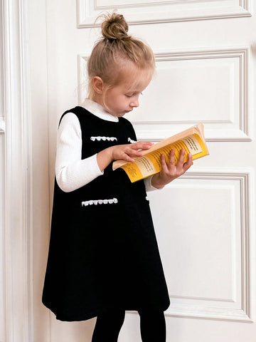 Young Girls Autumn Winter A-Line Black Knit Sleeveless Pullover Dress, Back To School