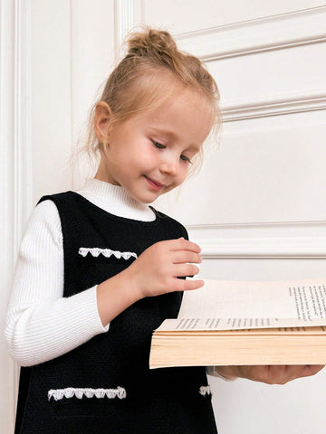 Young Girls Autumn Winter A-Line Black Knit Sleeveless Pullover Dress, Back To School