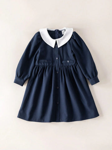 Young Girls' Collared Colorblock Flounce Detail Long Sleeve Woven Loose Dress, Back To School Autumn Winter