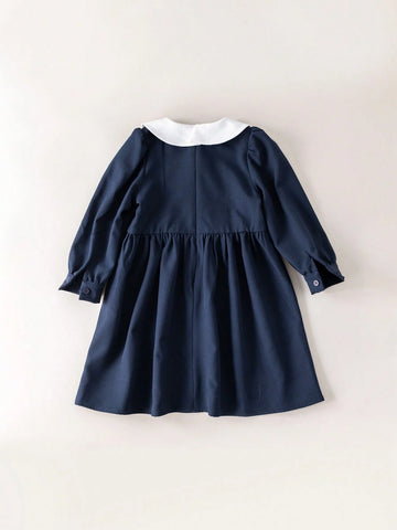 Young Girls' Collared Colorblock Flounce Detail Long Sleeve Woven Loose Dress, Back To School Autumn Winter