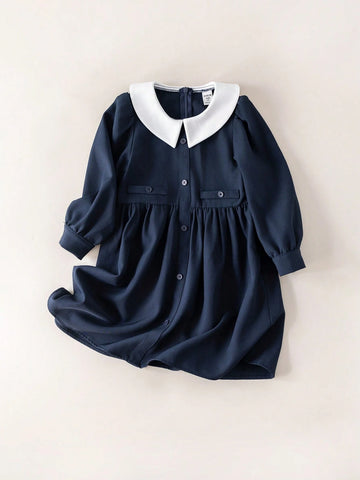 Young Girls' Collared Colorblock Flounce Detail Long Sleeve Woven Loose Dress, Back To School Autumn Winter