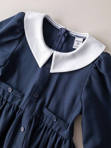 Young Girls' Collared Colorblock Flounce Detail Long Sleeve Woven Loose Dress, Back To School Autumn Winter