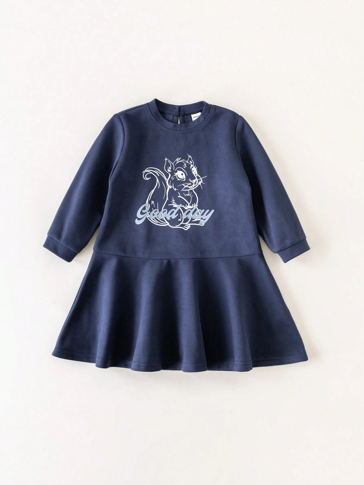 Young Girls Deep Blue Squirrel Print Loose Long Sleeve Dress Collegiate Style For Back To School Autumn/Winter