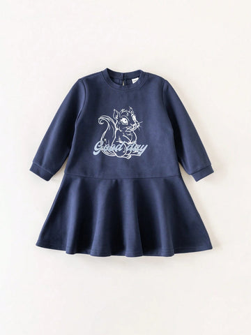 Young Girls Deep Blue Squirrel Print Loose Long Sleeve Dress Collegiate Style For Back To School Autumn/Winter