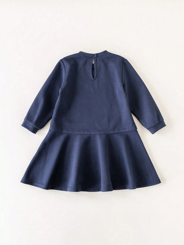 Young Girls Deep Blue Squirrel Print Loose Long Sleeve Dress Collegiate Style For Back To School Autumn/Winter