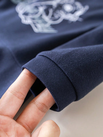 Young Girls Deep Blue Squirrel Print Loose Long Sleeve Dress Collegiate Style For Back To School Autumn/Winter