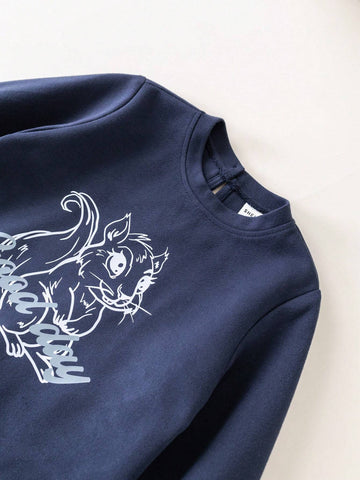 Young Girls Deep Blue Squirrel Print Loose Long Sleeve Dress Collegiate Style For Back To School Autumn/Winter