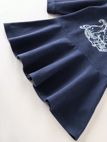 Young Girls Deep Blue Squirrel Print Loose Long Sleeve Dress Collegiate Style For Back To School Autumn/Winter