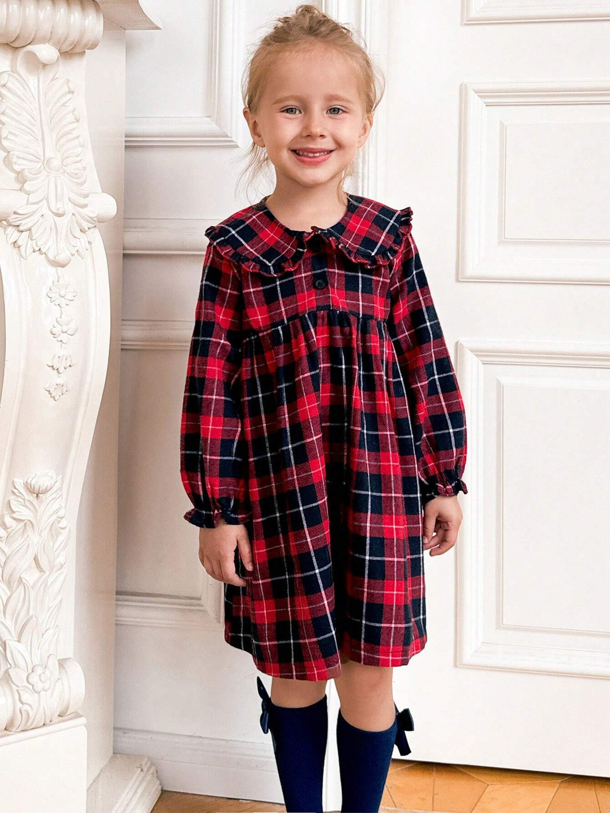 Young Girls' Fall/Winter Plaid Ruffle Trim Loose Long Sleeve Dress Back To School