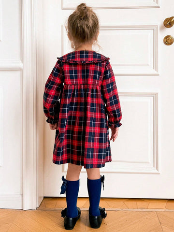Young Girls' Fall/Winter Plaid Ruffle Trim Loose Long Sleeve Dress Back To School