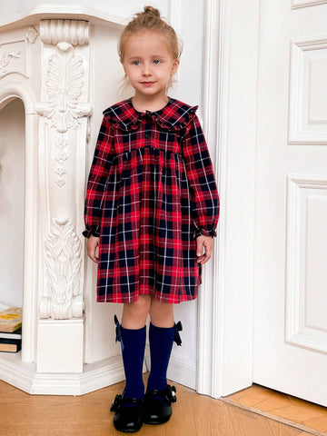 Young Girls' Fall/Winter Plaid Ruffle Trim Loose Long Sleeve Dress Back To School