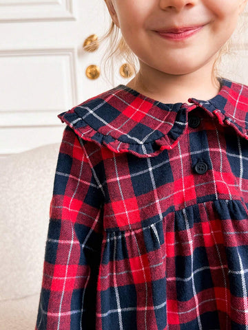 Young Girls' Fall/Winter Plaid Ruffle Trim Loose Long Sleeve Dress Back To School