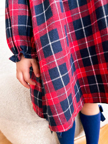 Young Girls' Fall/Winter Plaid Ruffle Trim Loose Long Sleeve Dress Back To School