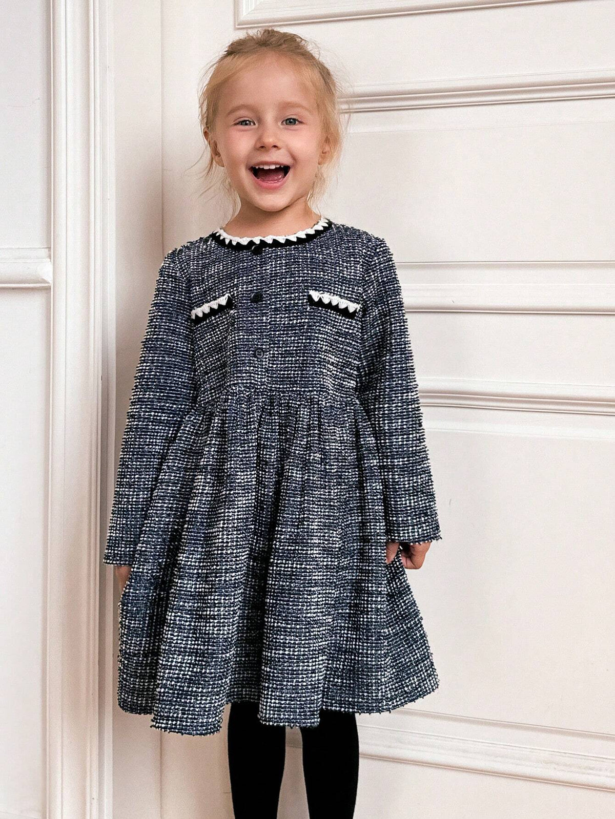 Young Girls' Loose Fit Navy Blue Woven Long Sleeve Dress, Back To School Season