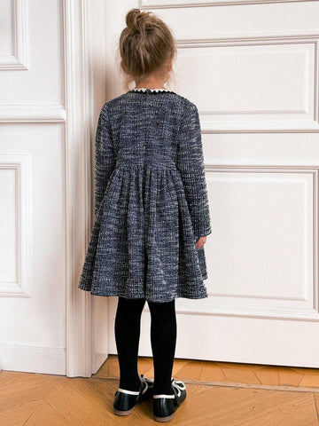 Young Girls' Loose Fit Navy Blue Woven Long Sleeve Dress, Back To School Season