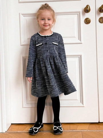Young Girls' Loose Fit Navy Blue Woven Long Sleeve Dress, Back To School Season