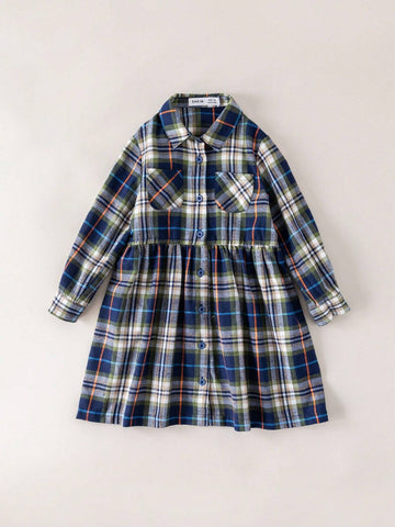 Young Girls' Plaid Long Sleeve Loose Woven Dress, Back To School, Autumn/Winter