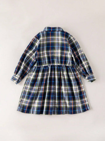 Young Girls' Plaid Long Sleeve Loose Woven Dress, Back To School, Autumn/Winter