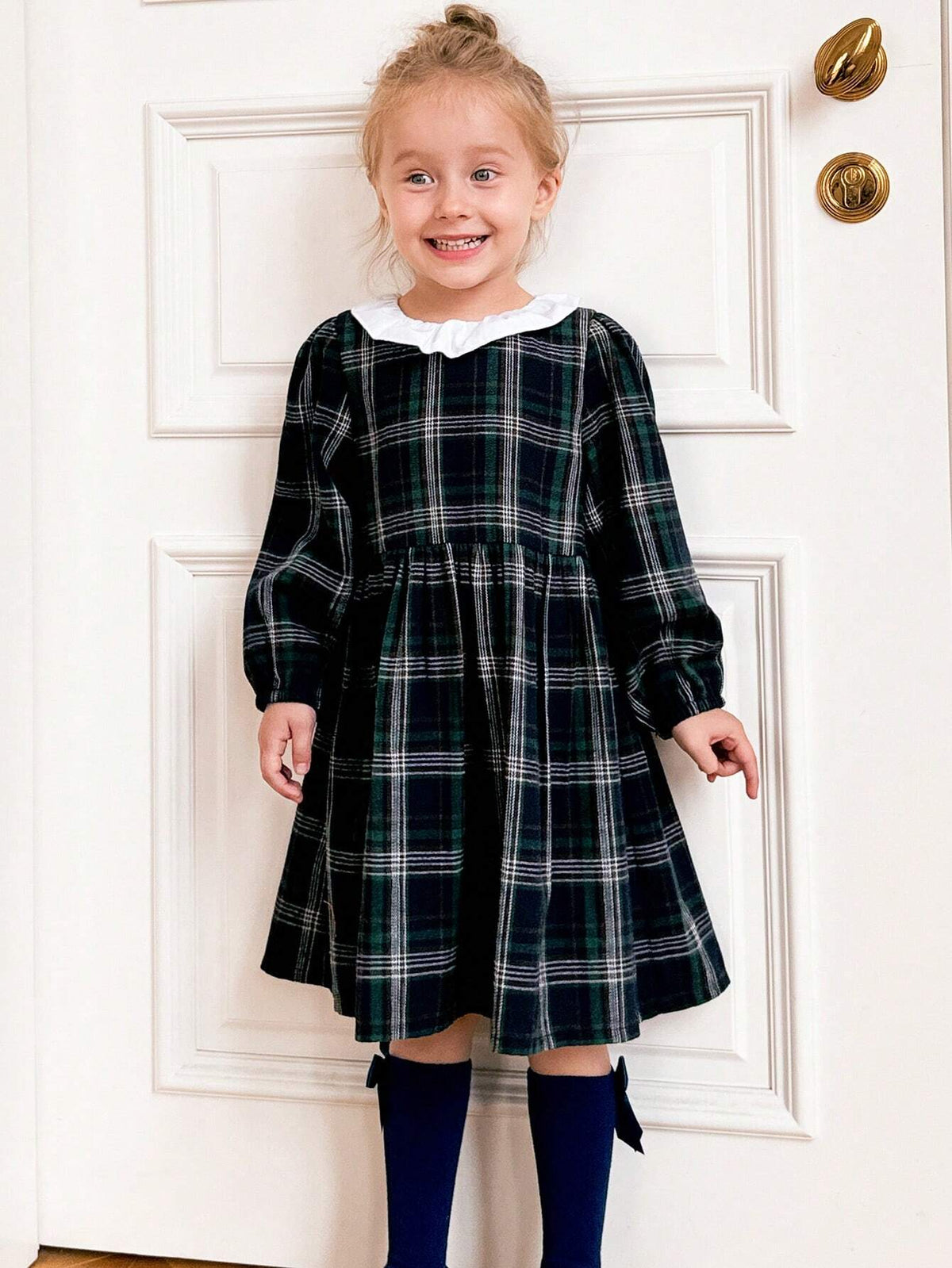 Young Girls Plaid Loose Ruffled Collar Long Sleeve Dress, Back To School Fall Winter