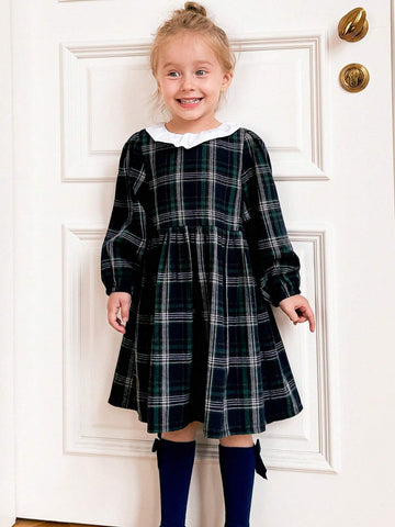 Young Girls Plaid Loose Ruffled Collar Long Sleeve Dress, Back To School Fall Winter