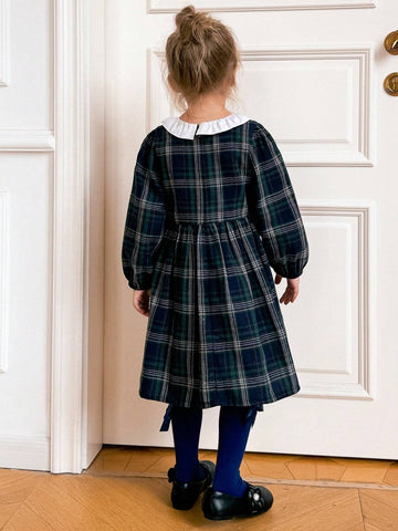 Young Girls Plaid Loose Ruffled Collar Long Sleeve Dress, Back To School Fall Winter