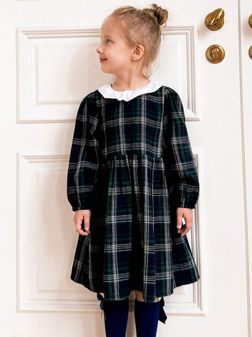 Young Girls Plaid Loose Ruffled Collar Long Sleeve Dress, Back To School Fall Winter