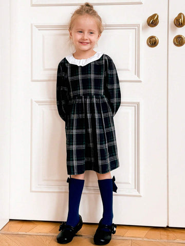 Young Girls Plaid Loose Ruffled Collar Long Sleeve Dress, Back To School Fall Winter