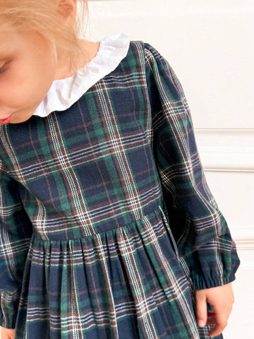 Young Girls Plaid Loose Ruffled Collar Long Sleeve Dress, Back To School Fall Winter