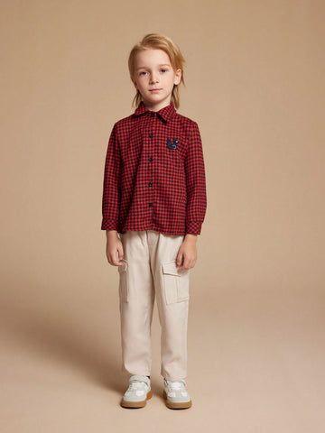 PrepCrw Young Boy Vintage Plaid Button Front Long Sleeve Shirt, Casual Autumn
