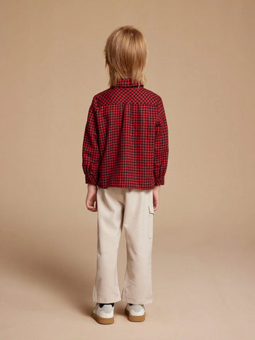 PrepCrw Young Boy Vintage Plaid Button Front Long Sleeve Shirt, Casual Autumn