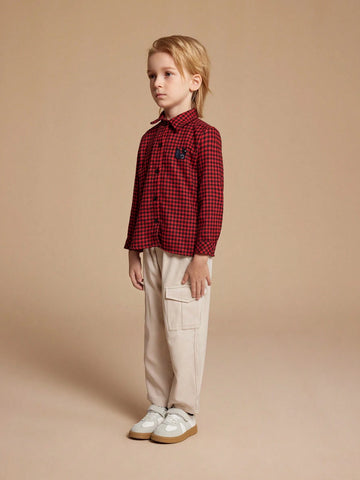 PrepCrw Young Boy Vintage Plaid Button Front Long Sleeve Shirt, Casual Autumn