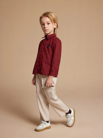 PrepCrw Young Boy Vintage Plaid Button Front Long Sleeve Shirt, Casual Autumn