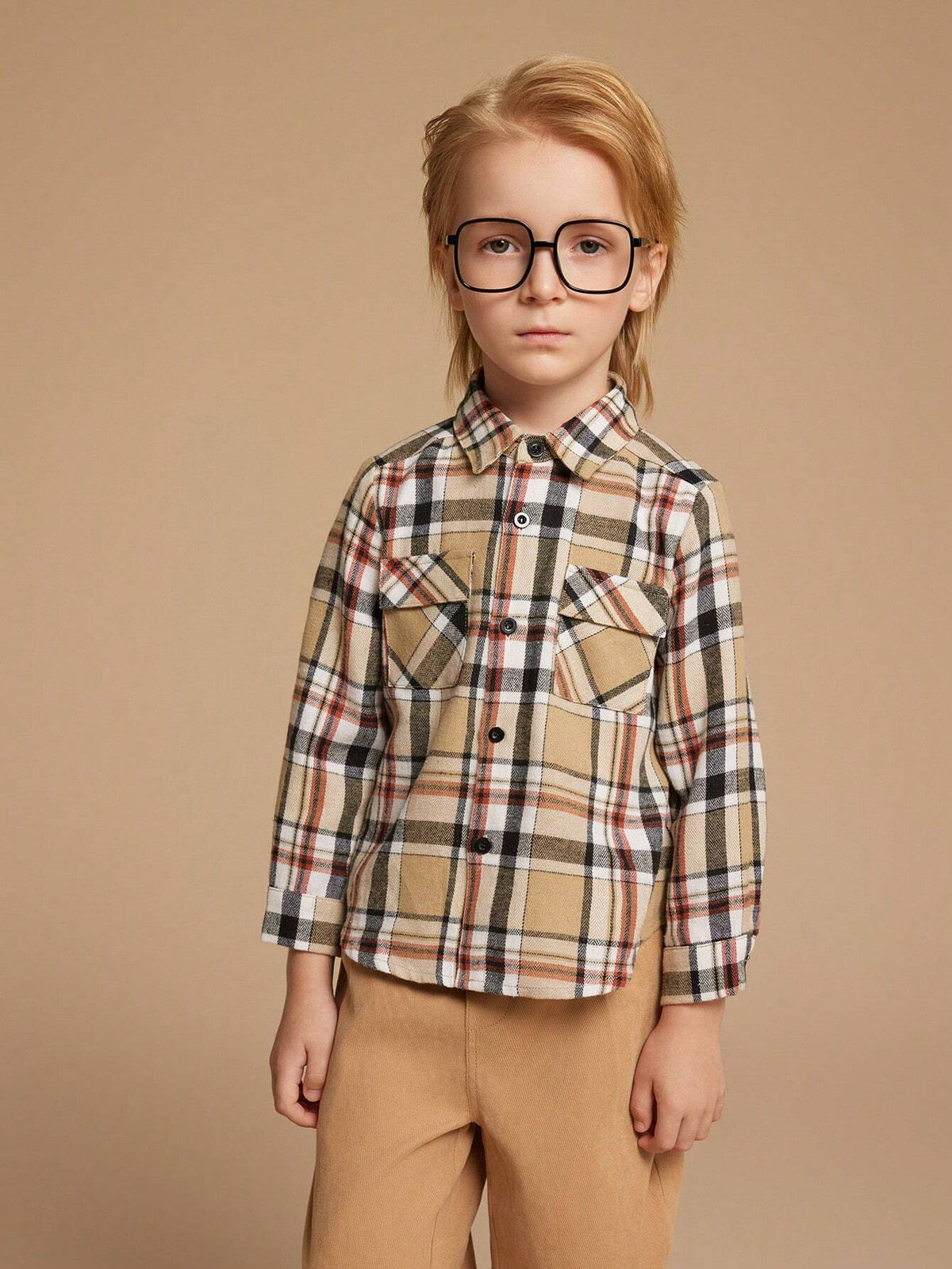 PrepCrw Young Boys' Autumn/Winter Brown Plaid Brushed Long Sleeve Shirts, Retro British Style Back To School