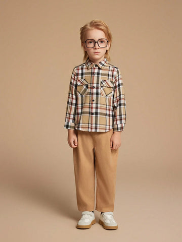 PrepCrw Young Boys' Autumn/Winter Brown Plaid Brushed Long Sleeve Shirts, Retro British Style Back To School