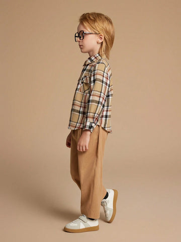 PrepCrw Young Boys' Autumn/Winter Brown Plaid Brushed Long Sleeve Shirts, Retro British Style Back To School