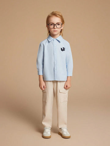 PrepCrw Young Boys' College Back To School Season Blue Collar Long Sleeve Shirts With Squirrel Embroidery, Autumn/Winter