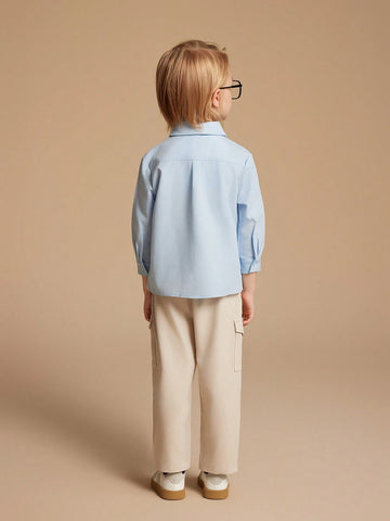 PrepCrw Young Boys' College Back To School Season Blue Collar Long Sleeve Shirts With Squirrel Embroidery, Autumn/Winter